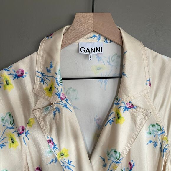 GANNI Floral Crinkle Wrap Dress In Yellow Size Medium Pink Blue Chic Sexy Wrap - Picture 8 of 16